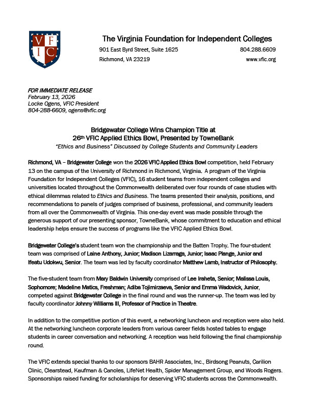 Bridgewater College Wins Champion Title at 26th VFIC Applied Ethics Bowl